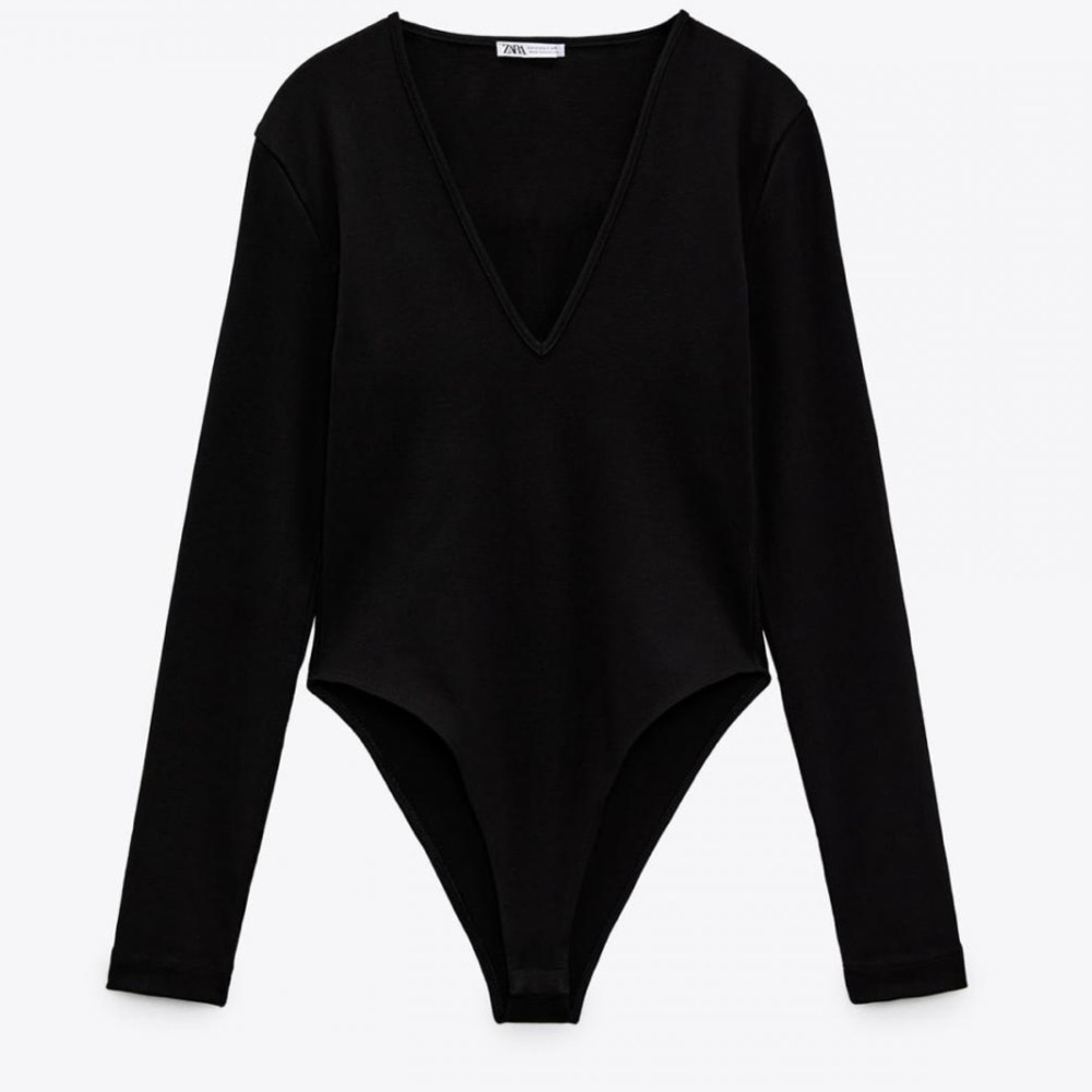 ZARA WOMEN BODYSUITS/ V-NECK BODYSUIT BLACK